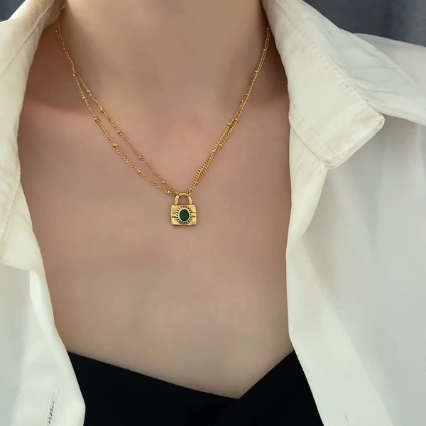 Necklace Double Layer Emerald Stainless Steel Lock Pendant Yellow Gold Plated Carousel 3