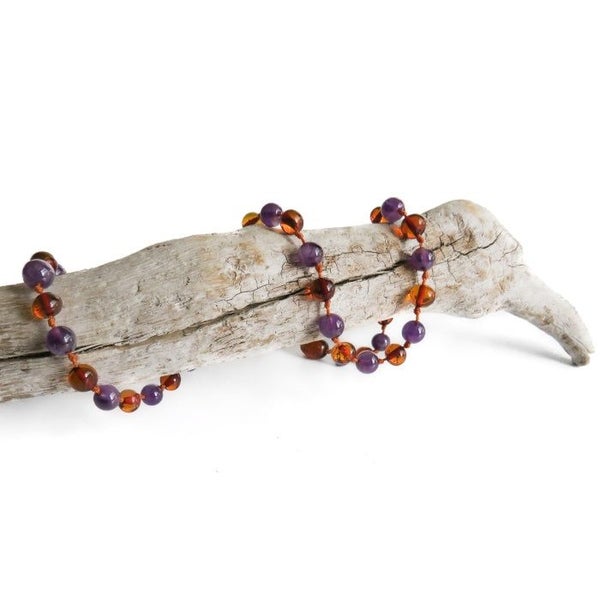 Amber Teething Necklace - Polished Cognac & Amethyst Carousel 2