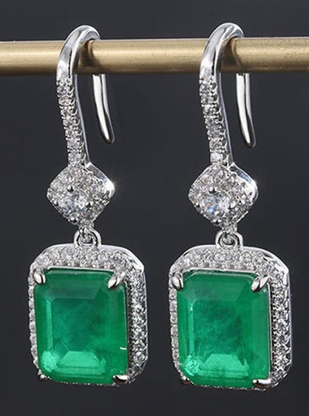 *Clearance* Extravagant Emerald & CZ Diamond Dangle Earrings / 18KGP White Gold Carousel 1