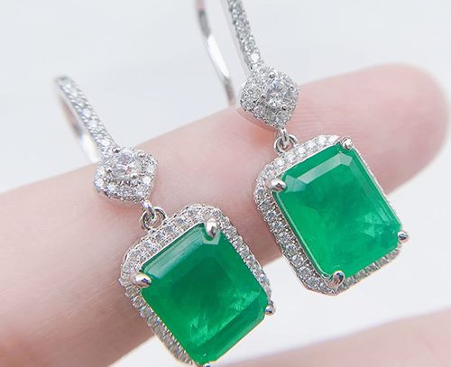 *Clearance* Extravagant Emerald & CZ Diamond Dangle Earrings / 18KGP White Gold Carousel 3