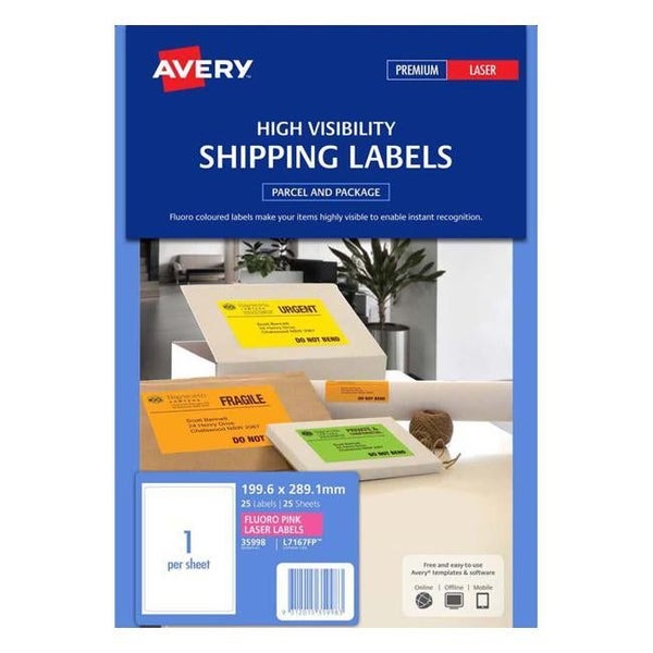Avery Shipping Label L7167FP Flo Pink Laser 199.6 X 289.1mm 1up 25 Sheets Carousel 1