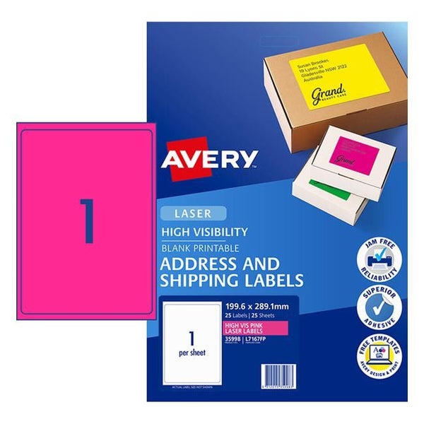 Avery Shipping Label L7167FP Flo Pink Laser 199.6 X 289.1mm 1up 25 Sheets Carousel 4