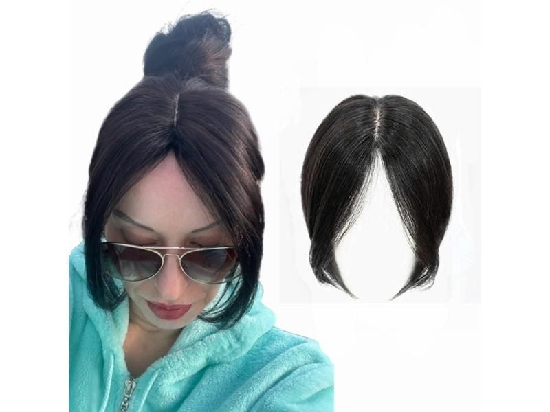 Clip In Natural Human Hair Topper Bangs Fringe Hair Pieces Middle Part Carousel 2