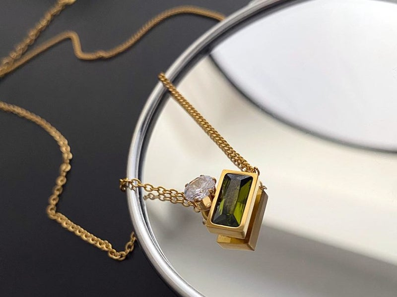 Necklace Emerald Stainless Steel Green Topaz CZ diamonds Yellow Gold Plated Carousel 1