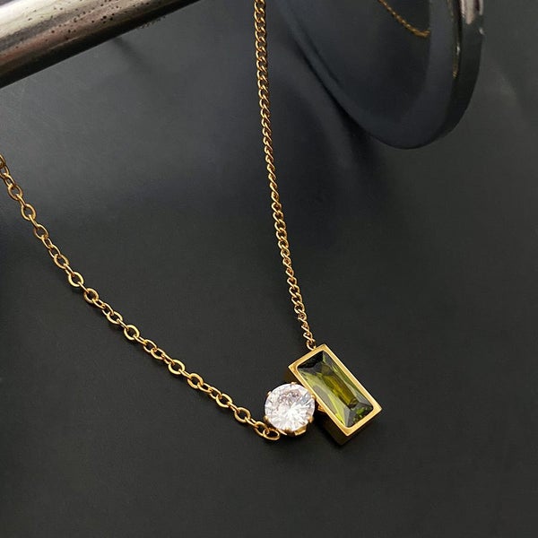 Necklace Emerald Stainless Steel Green Topaz CZ diamonds Yellow Gold Plated Carousel 2