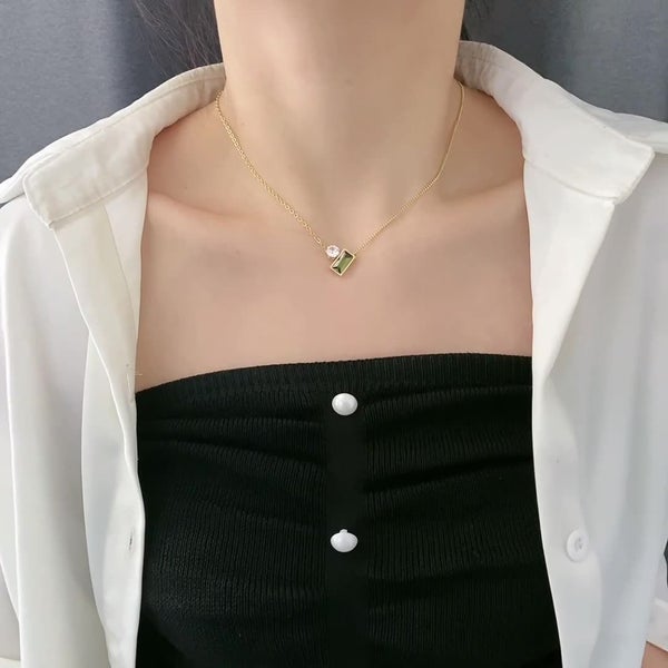 Necklace Emerald Stainless Steel Green Topaz CZ diamonds Yellow Gold Plated Carousel 3