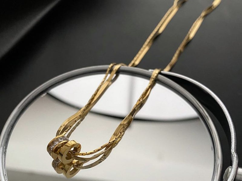 Necklace Cubic Zirconia Round Design Stainless Steel Necklace Yellow Gold Plated Carousel 1