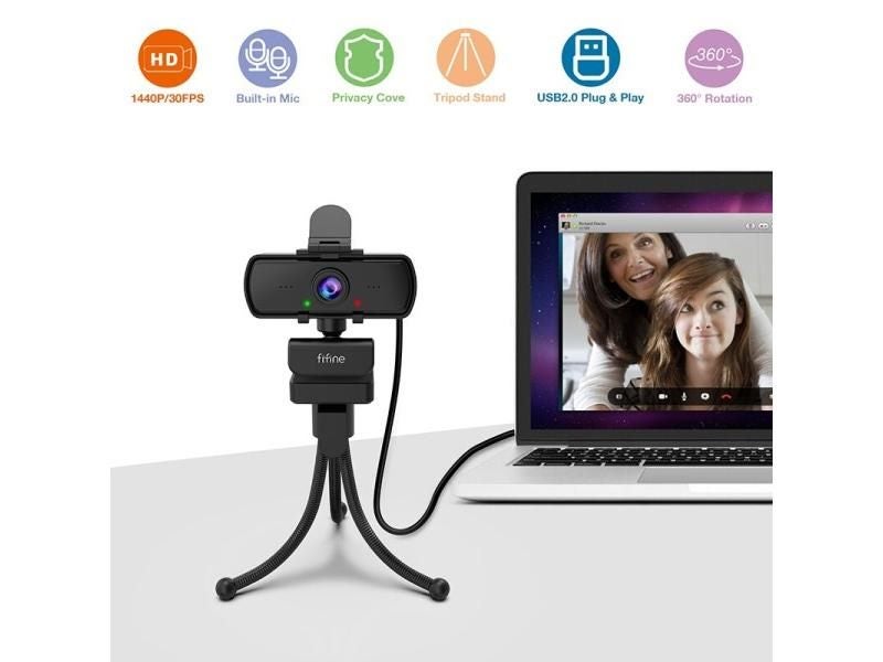 FIFINE 1440p Full HD PC Webcam Microphone Tripod For USB Desktop Laptop Live Carousel 1