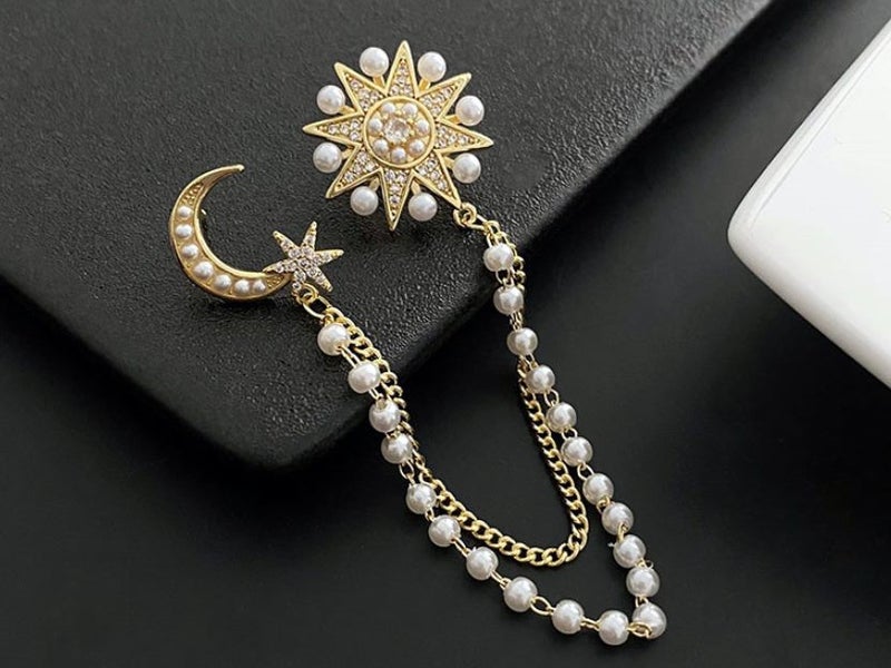 Brooch Fashion Moon and Sun Pearls CZ BROOCH Carousel 1