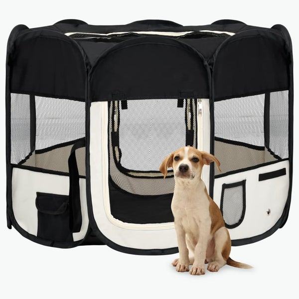 vidaXL Foldable Dog Playpen with Carrying Bag Black 90x90x58 cm Carousel 1
