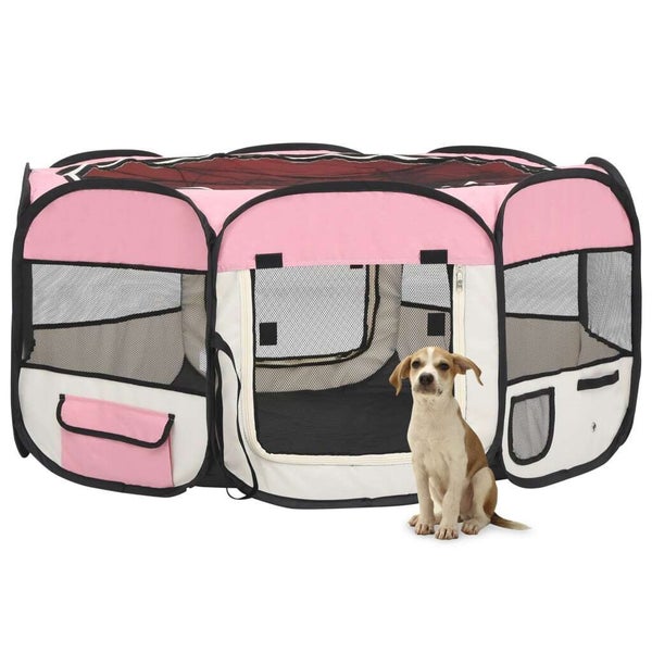 vidaXL Foldable Dog Playpen with Carrying Bag Pink 145x145x61 cm Carousel 1