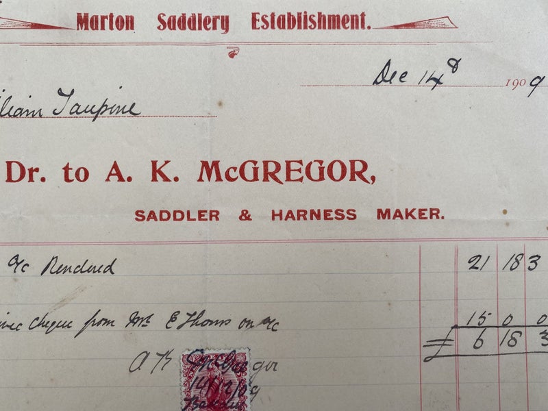 ANTIQUE INVOICE / RECEIPT: A. K. McGregor, Marton - Saddler & Harness Maker 1909 Carousel 1