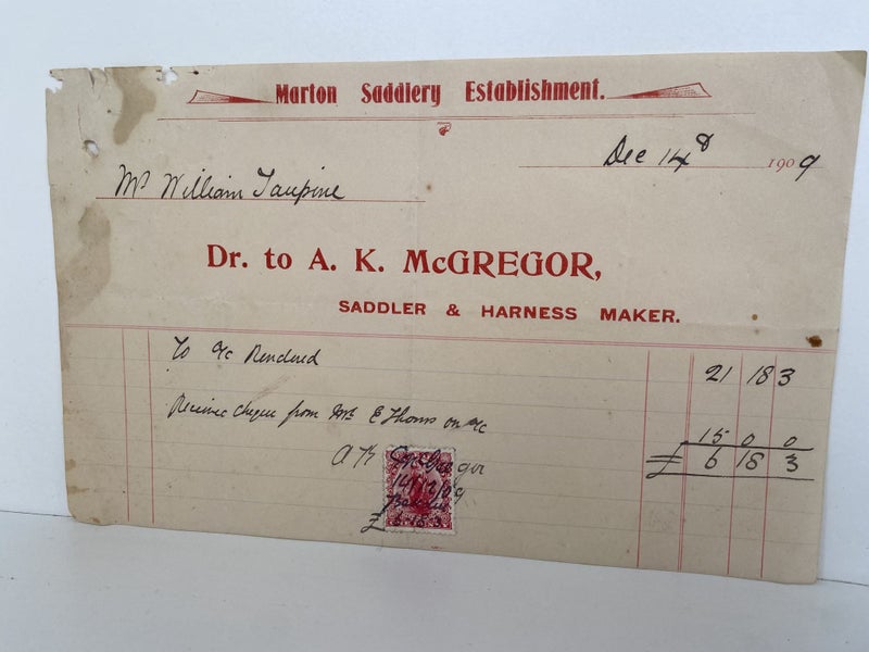 ANTIQUE INVOICE / RECEIPT: A. K. McGregor, Marton - Saddler & Harness Maker 1909 Carousel 2