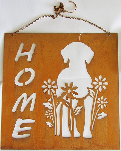 Home metal sign with dog design, distressed 'rusted' finish. Carousel 1