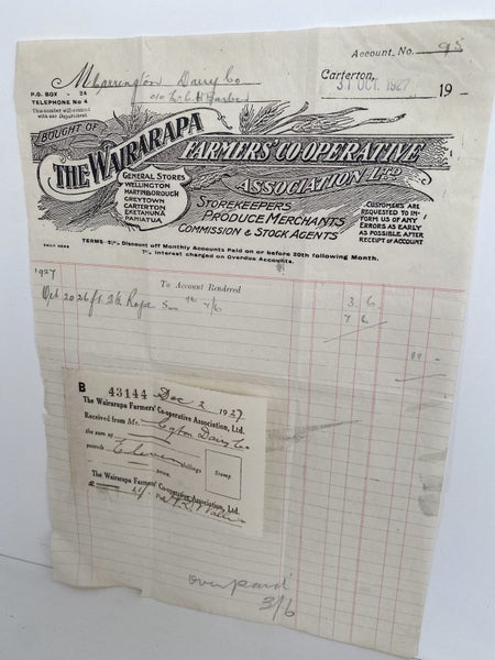 OLD INVOICE / RECEIPT: The Wairarapa Farmers' Co-operative Association 1927 Carousel 2