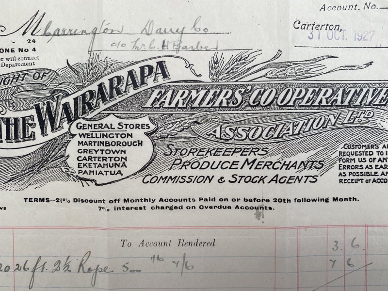 OLD INVOICE / RECEIPT: The Wairarapa Farmers' Co-operative Association 1927 Carousel 1
