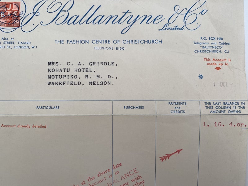 OLD INVOICE / RECEIPT: J. Ballantyne & Co. Christchurch Carousel 1