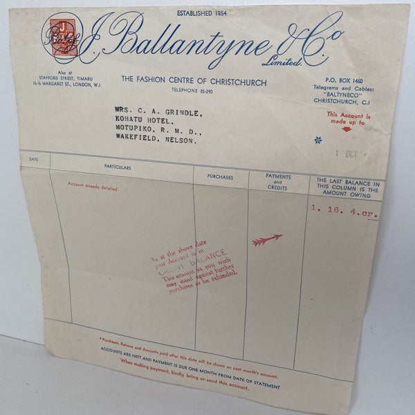 OLD INVOICE / RECEIPT: J. Ballantyne & Co. Christchurch Carousel 2