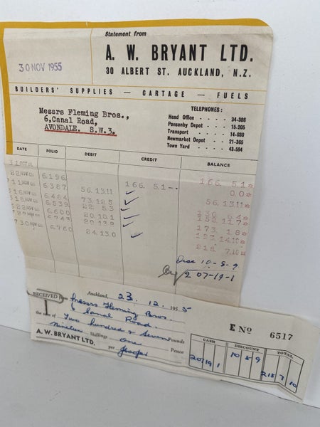 OLD INVOICE / RECEIPT: A. W. Bryant Ltd, Auckland - Builders Suppliers 1955 Carousel 2