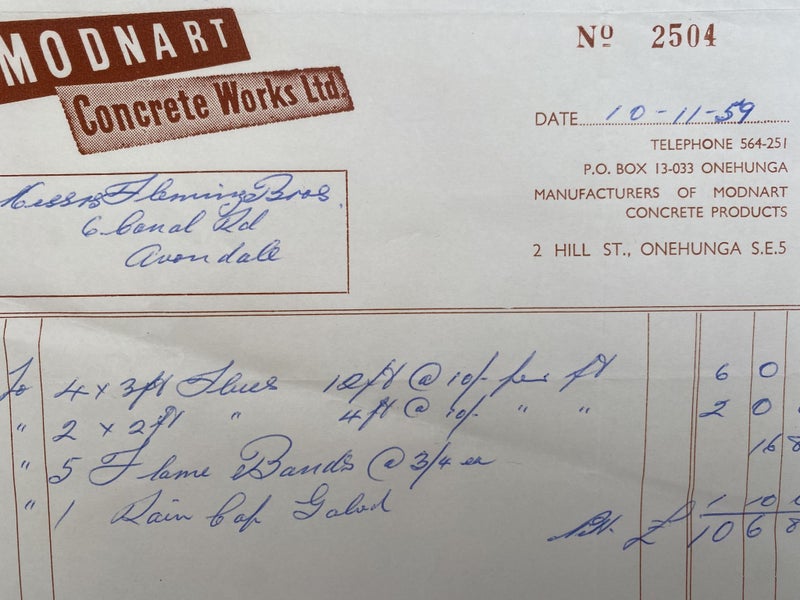 OLD INVOICE: Modnart Concrete Works Ltd, Onehunga 1959 Carousel 1