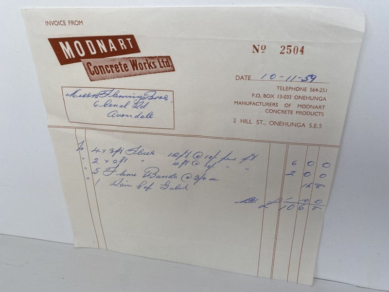 OLD INVOICE: Modnart Concrete Works Ltd, Onehunga 1959 Carousel 2