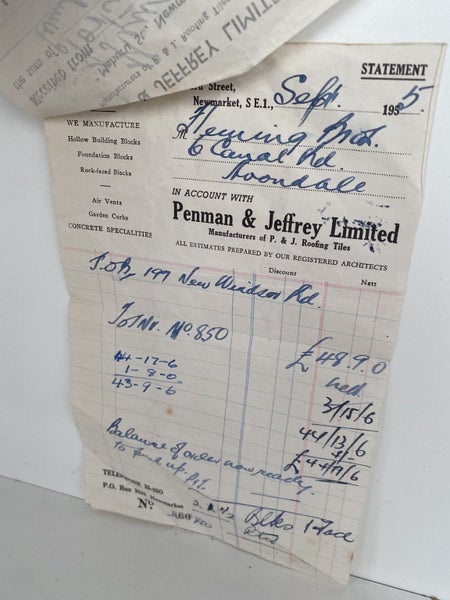 OLD INVOICE / RECEIPT: Penman Jeffrey Ltd, Newmarket - Roof Tiles 1955 Carousel 2