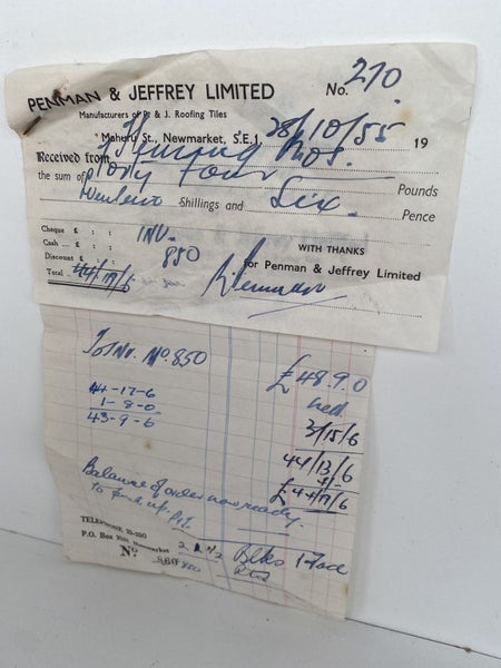 OLD INVOICE / RECEIPT: Penman Jeffrey Ltd, Newmarket - Roof Tiles 1955 Carousel 3