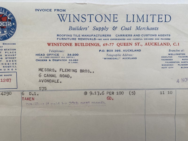 OLD INVOICE: Winstone Ltd - Builders Supply and Coal Merchants 1959 Carousel 1