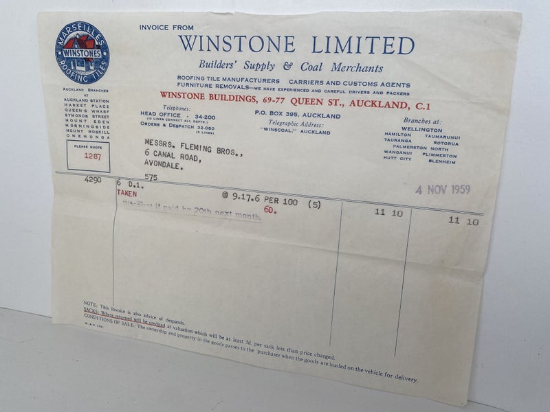 OLD INVOICE: Winstone Ltd - Builders Supply and Coal Merchants 1959 Carousel 2