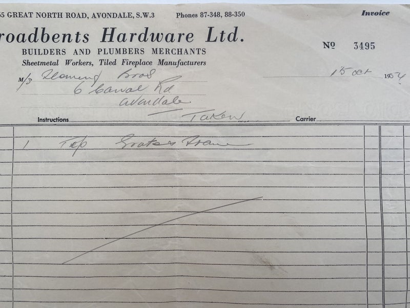 OLD INVOICE: Broadbents Hardware Ltd - Builders & Plumbers Merchants 1954 Carousel 1