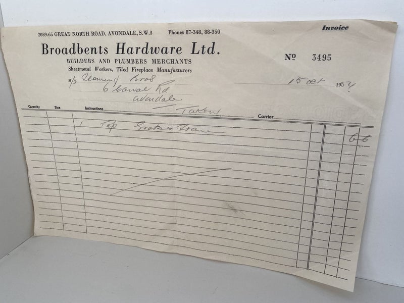 OLD INVOICE: Broadbents Hardware Ltd - Builders & Plumbers Merchants 1954 Carousel 2