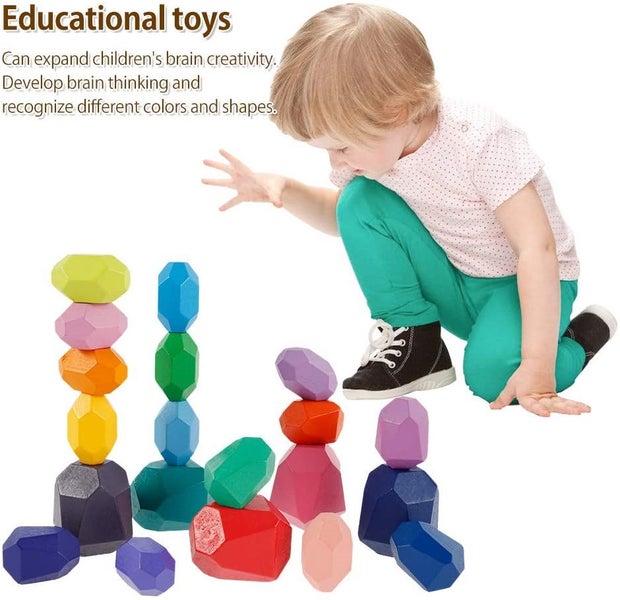 20PCS Wooden Balancing Stacking Stones Rocks, Wood Building Blocks Set, Sorting Carousel 9