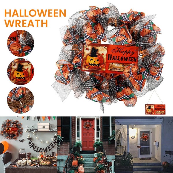 Fall Door Wreath Halloween Autumn Maple Leaf Pumpkin Pinecone Harvest W Carousel 1