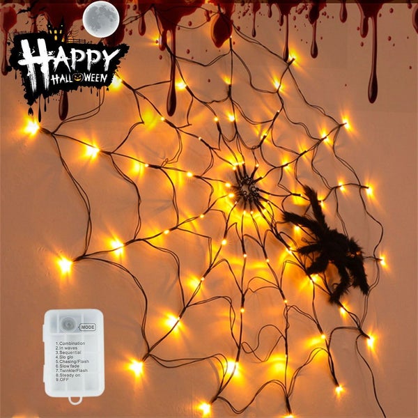 Halloween Spider Web Lights Black Plush Spider 3.25 Inches 70 Led Water Carousel 1