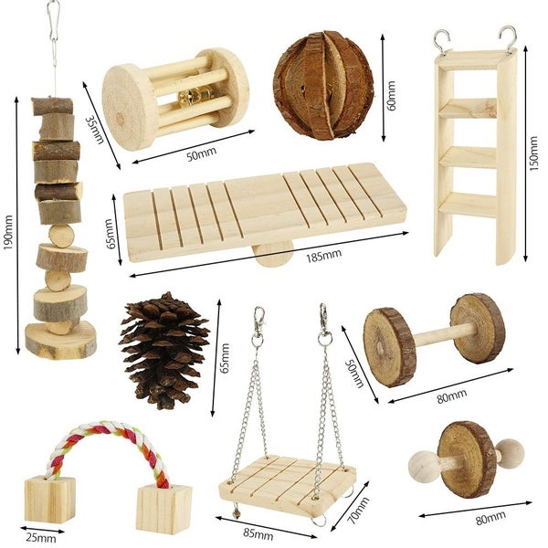 10pcs Natural Wooden Hamster Toys Set Guinea Pig Toy Rabbit Rat Chinchi Carousel 12