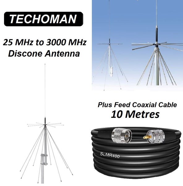 TECHOMAN 25 MHz to 3000 MHz Super Discone Ultra-Wide Band Antenna & 10M Coax Carousel 1