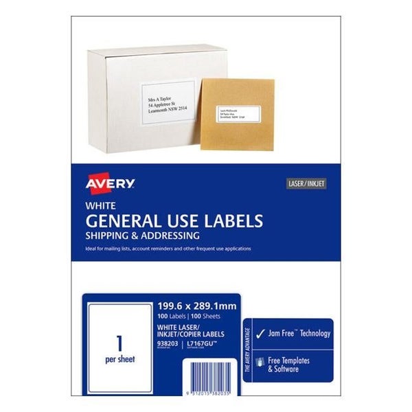 Avery Label L7167 General Use A4 1/Sheet 100 Sheets Carousel 1