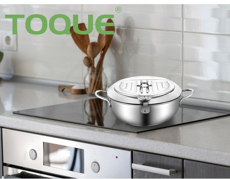 Toque 24cm Japanese Deep Frying Pan Pot Thermometer Kitchen Tempura Fryer Silver Carousel 9