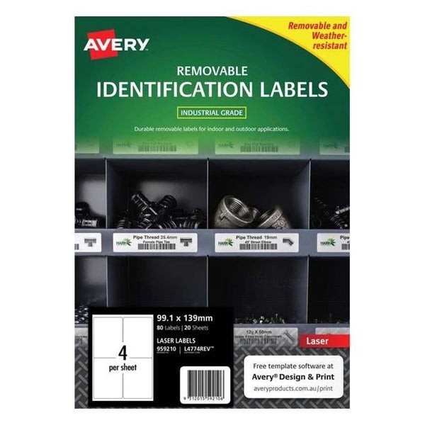 Avery Weather Resistant Label L4774 White 4 Up 20 Sheets Laser 99.1x139mm Rem... Carousel 1