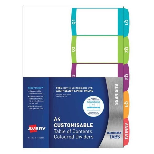 Avery Customisable Table Of Contents A4 Quarterly 5 Tabs Coloured Carousel 1