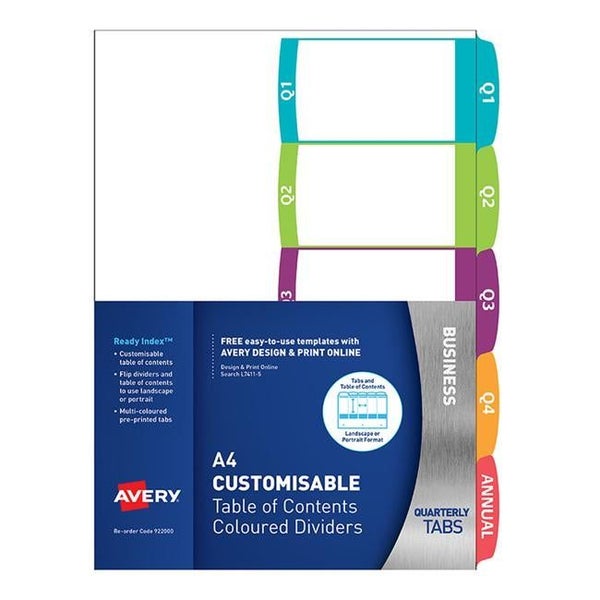 Avery Customisable Table Of Contents A4 Quarterly 5 Tabs Coloured Carousel 2