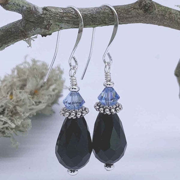 Black Drop Earrings with Premium Crystals "Jamal" (Blue) Carousel 1