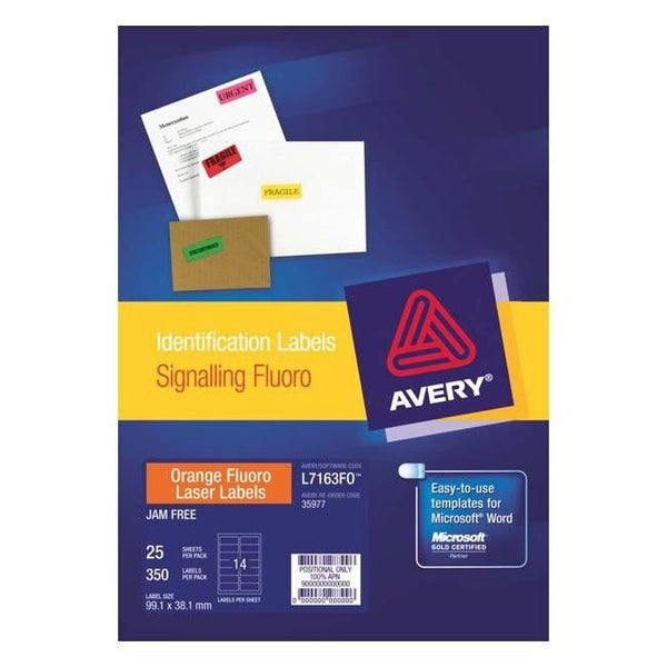 Avery Shipping Label L7163FO Flo Orange Laser 99.1x38.1mm 14up 25 Sheets Carousel 1