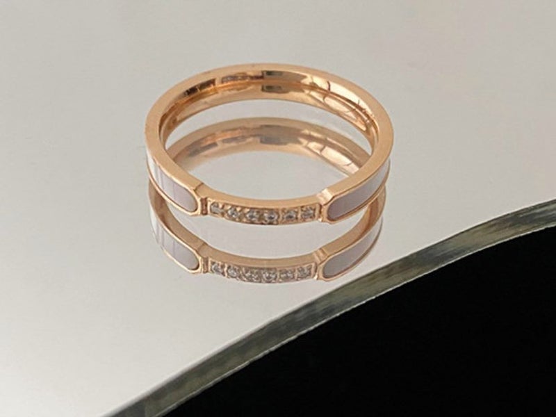 Rings Stainless Steel Rose Gold Plated CZ Ring Size 8 Natural Shell Inlay Edge Carousel 1