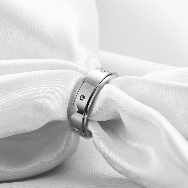 Ring Stainless Steel Inlaid CZ Ring Size 7 Steel Color Bilayer Rotatable Carousel 4