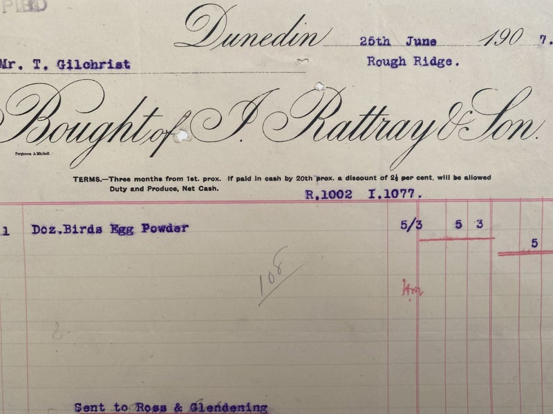 ANTIQUE INVOICE / RECEIPT: J. Rattray & Son, Dunedin 1907 (115yo) Carousel 1