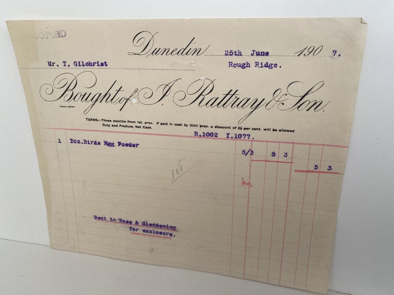 ANTIQUE INVOICE / RECEIPT: J. Rattray & Son, Dunedin 1907 (115yo) Carousel 2