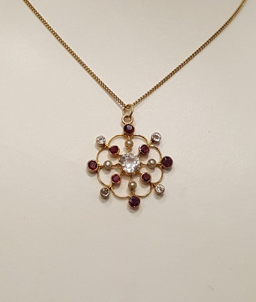 Stunning Antique 15 CT Gold 3 CT Spinel, White Sapphire, Ruby & Pearl Pendant Carousel 9