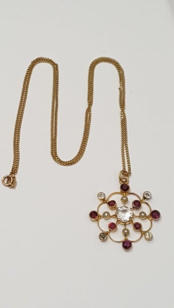 Stunning Antique 15 CT Gold 3 CT Spinel, White Sapphire, Ruby & Pearl Pendant Carousel 2