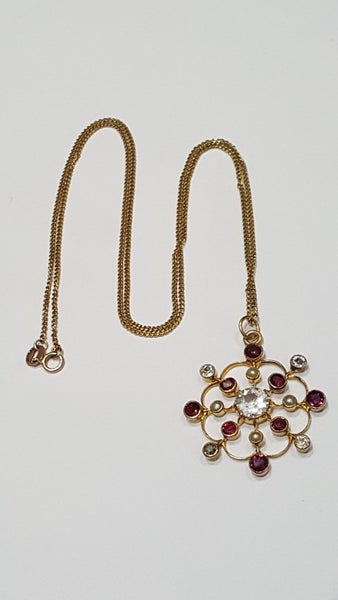 Stunning Antique 15 CT Gold 3 CT Spinel, White Sapphire, Ruby & Pearl Pendant Carousel 1